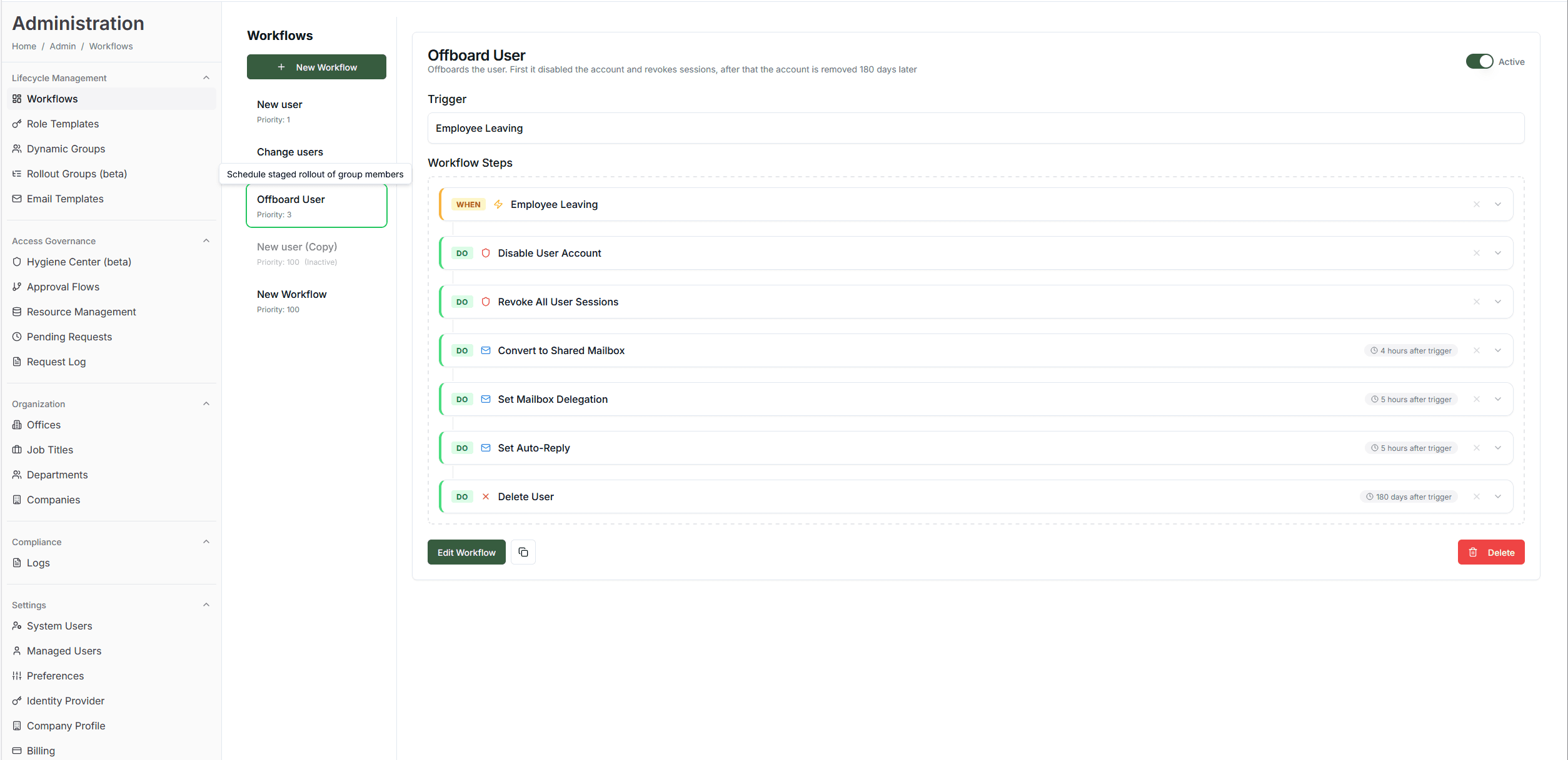Adcyma offboarding workflow: disable account, revoke sessions, convert mailbox, delete user